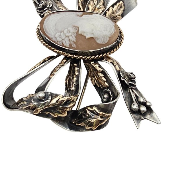 Vintage Hobe? Carved Shell Cameo Ribbon Brooch Sterling Silver 14K GF Tested - Picture 12 of 16